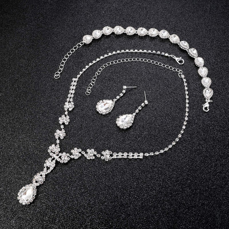 LOYALLOOK Women's Rhinestone Teardrop Necklace Bracelets and Dangle Earrings Jewerry Sets for Proms Weddings - Image 5